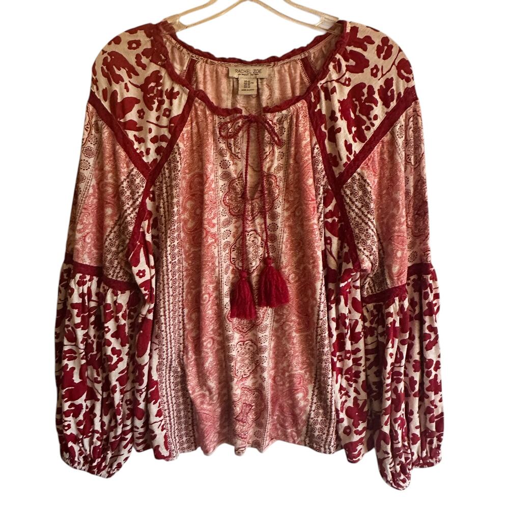 Rachel Zoe Mixed Print Peasant Top Womens XL Red Tassels Boho Balloon Sleeves - Picture 2 of 9